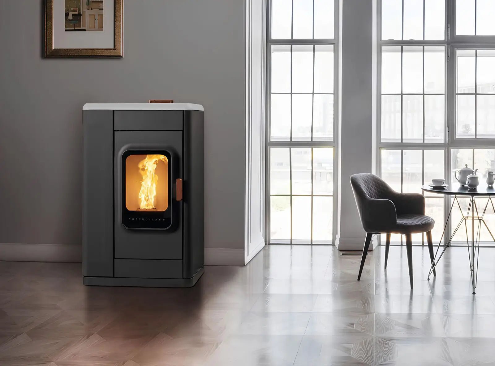 austroflamm-ruby-pelletofen-stahl-schwarz-topplatte-keramik-weiss - ofenerlebnis.de