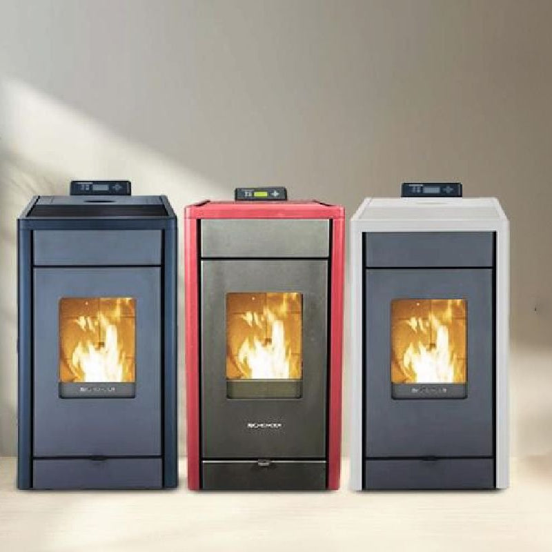Pelletofen SCHENGER HP07 | 8 kW – Drei Pelletofen-Farbausführungen mit Feuer nebeneinander
