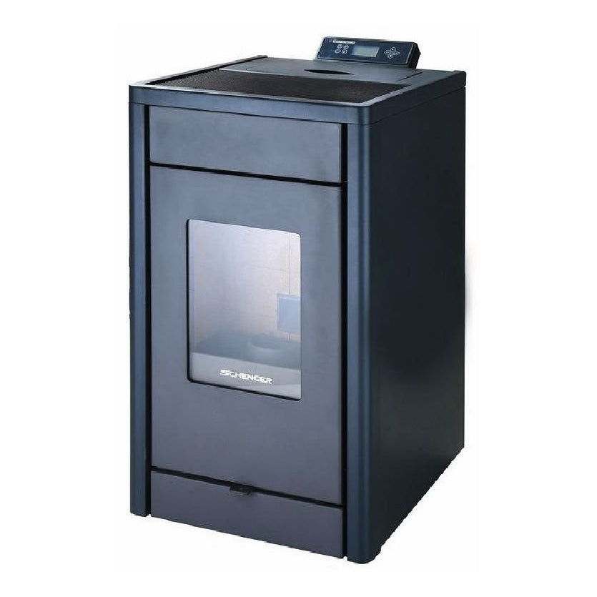 Pelletofen SCHENGER HP07 | 8 kW – Dunkler Pelletofen mit Display auf der Oberseite in schräger Ansicht