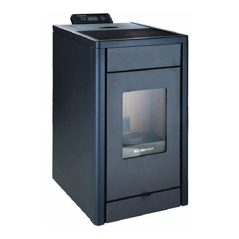 Pelletofen SCHENGER HP07 | 8 kW – Dunkler Pelletofen mit Display auf der Oberseite in schräger Ansicht