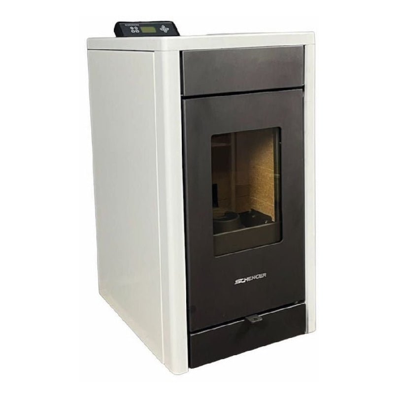 Pelletofen SCHENGER HP07 | 8 kW – Pelletofen mit hellen Seiten und dunkler Front in schräger Ansicht
