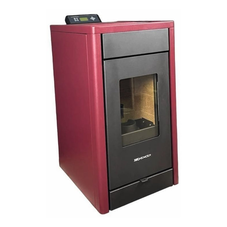 Pelletofen SCHENGER HP07 | 8 kW – Pelletofen mit roten Seiten und dunkler Front in schräger Ansicht