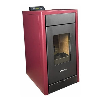 Pelletofen SCHENGER HP07 | 8 kW – Pelletofen mit roten Seiten und dunkler Front in schräger Ansicht