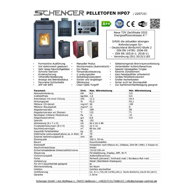 Pelletofen SCHENGER HP07 | 8 kW – Vollständiges Produktdatenblatt mit Abbildungen und technischer Tabelle