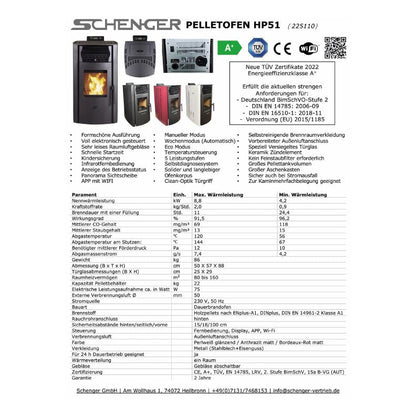 Pelletofen SCHENGER HP51 | 8,8 kW – Vollständiges Produktdatenblatt mit Abbildungen und technischer Tabelle