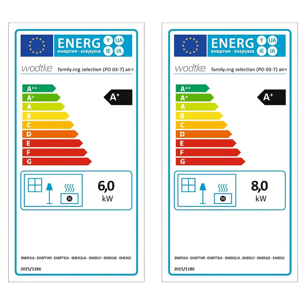 Pelletofen Wodtke family.nrg selection air+ | 6/8 kW – Zwei vollständige Energielabel für die Leistungsausführungen