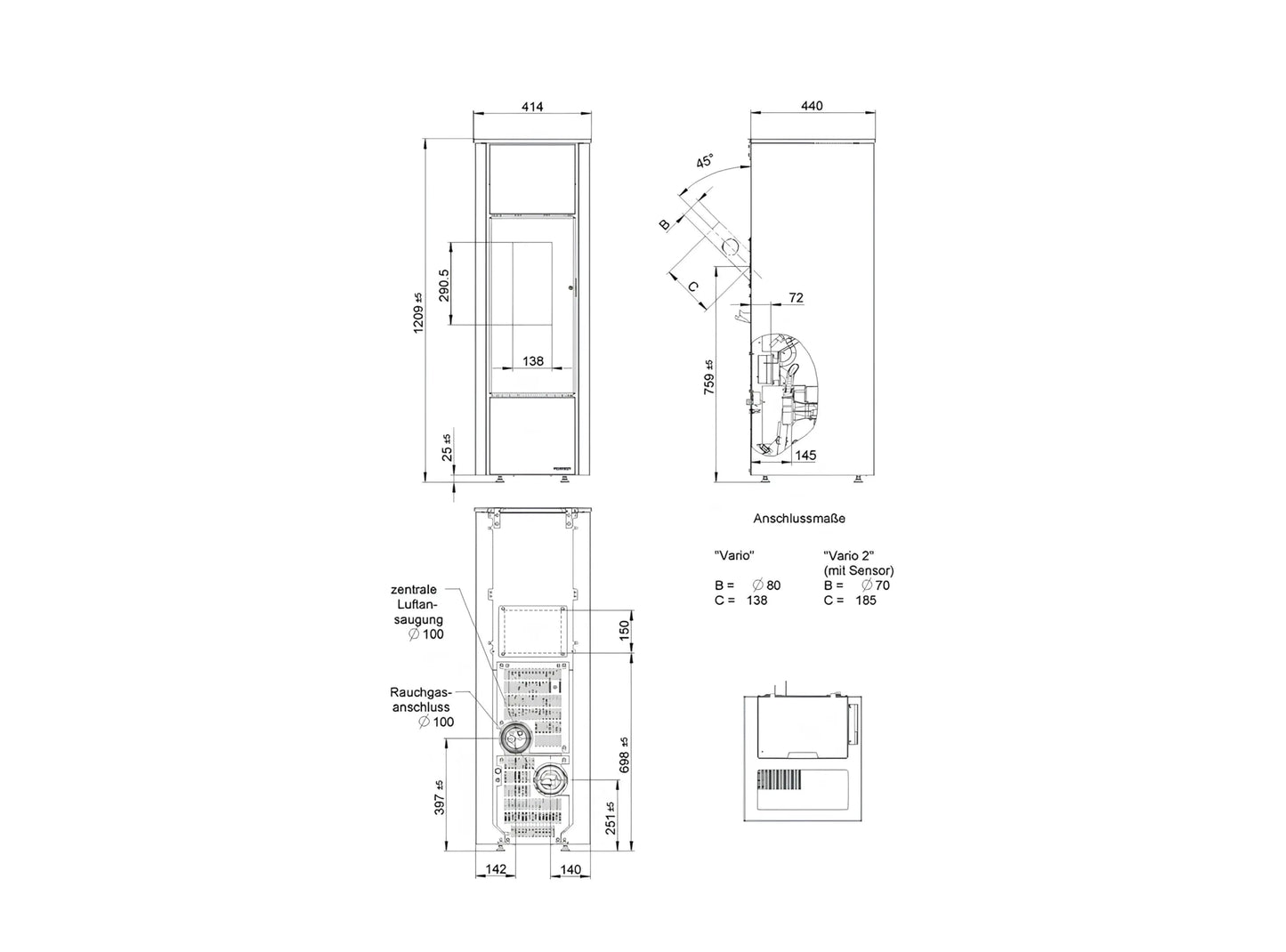 Pelletofen Wodtke family.nrg air+ Maße - ofenerlebnis.de