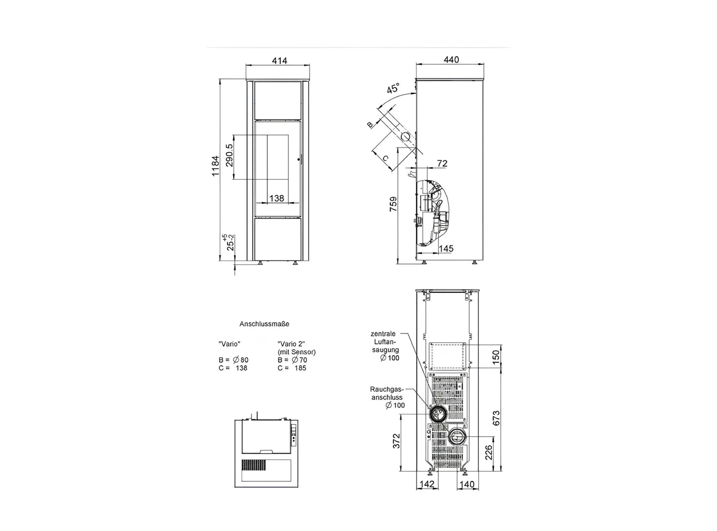 Pelletofen Wodtke family.nrg selection air+ Maße - ofenerlebnis.de