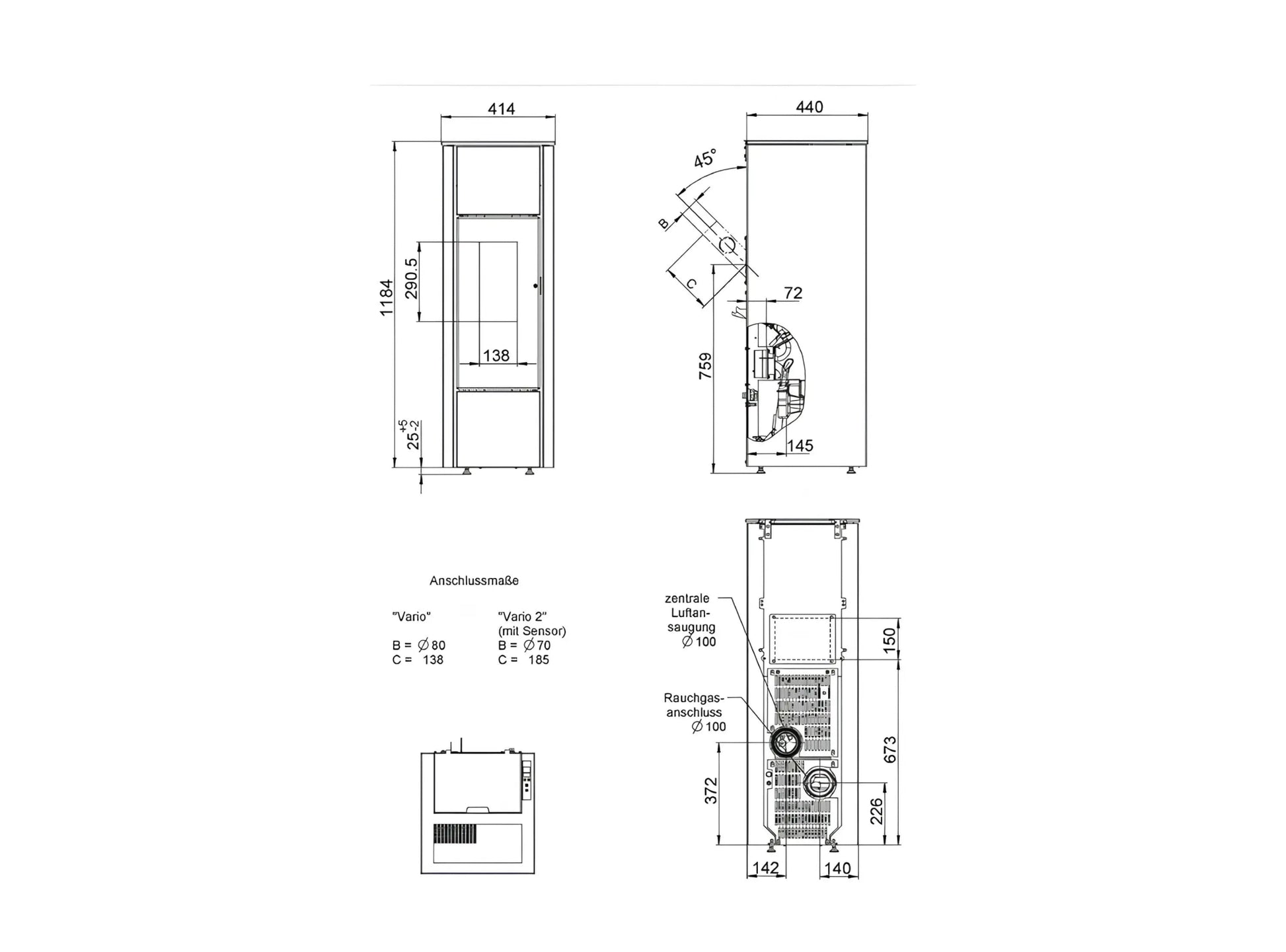 Pelletofen Wodtke family.nrg selection air+ Maße - ofenerlebnis.de