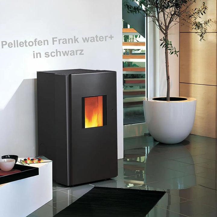 Pelletofen Wodtke Frank water+ | 8/10 kW | wasserführend – Schwarzer Pelletofen im Wohnraum neben einer Pflanze