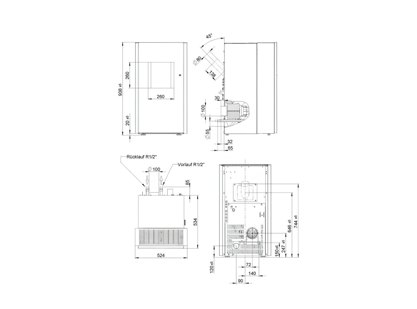 Pelletofen Wodtke Frank water+ wasserführend Maße - ofenerlebnis.de