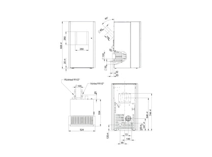 Pelletofen Wodtke Frank water+ wasserführend Maße - ofenerlebnis.de