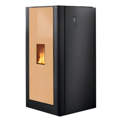 Pelletofen Wodtke ivo.smart water+ | 8/13 kW | wasserführend – Pelletofen mit goldfarbener Front in schräger Ansicht