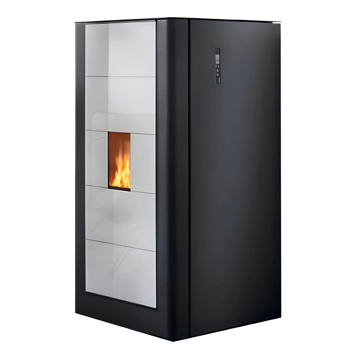 Pelletofen Wodtke ivo.smart water+ | 8/13 kW | wasserführend – Pelletofen mit heller Glasfront in schräger Ansicht