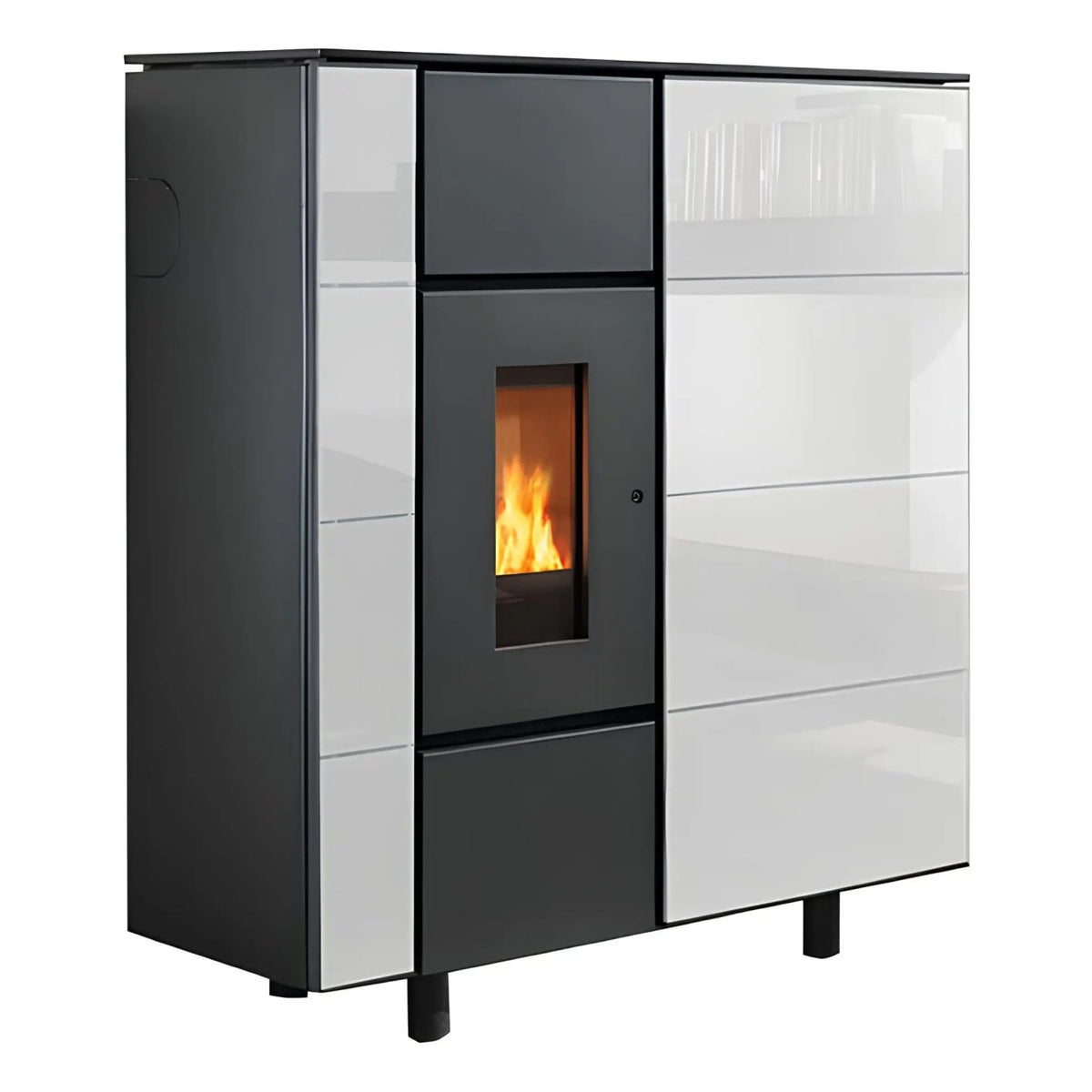 Pelletofen Wodtke ixbase air+ | 6 kW – Pelletofen mit heller Glasverkleidung in schräger Ansicht