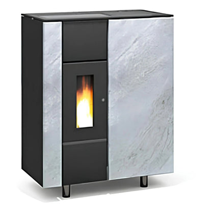 Pelletofen Wodtke ixbase air+ | 6 kW – Pelletofen mit heller Steinverkleidung und dunkler Feuerraumtür