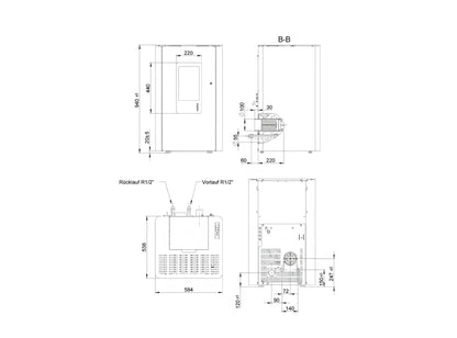 Pelletofen Wodtke Jack water+ wasserführend Maße - ofenerlebnis.de