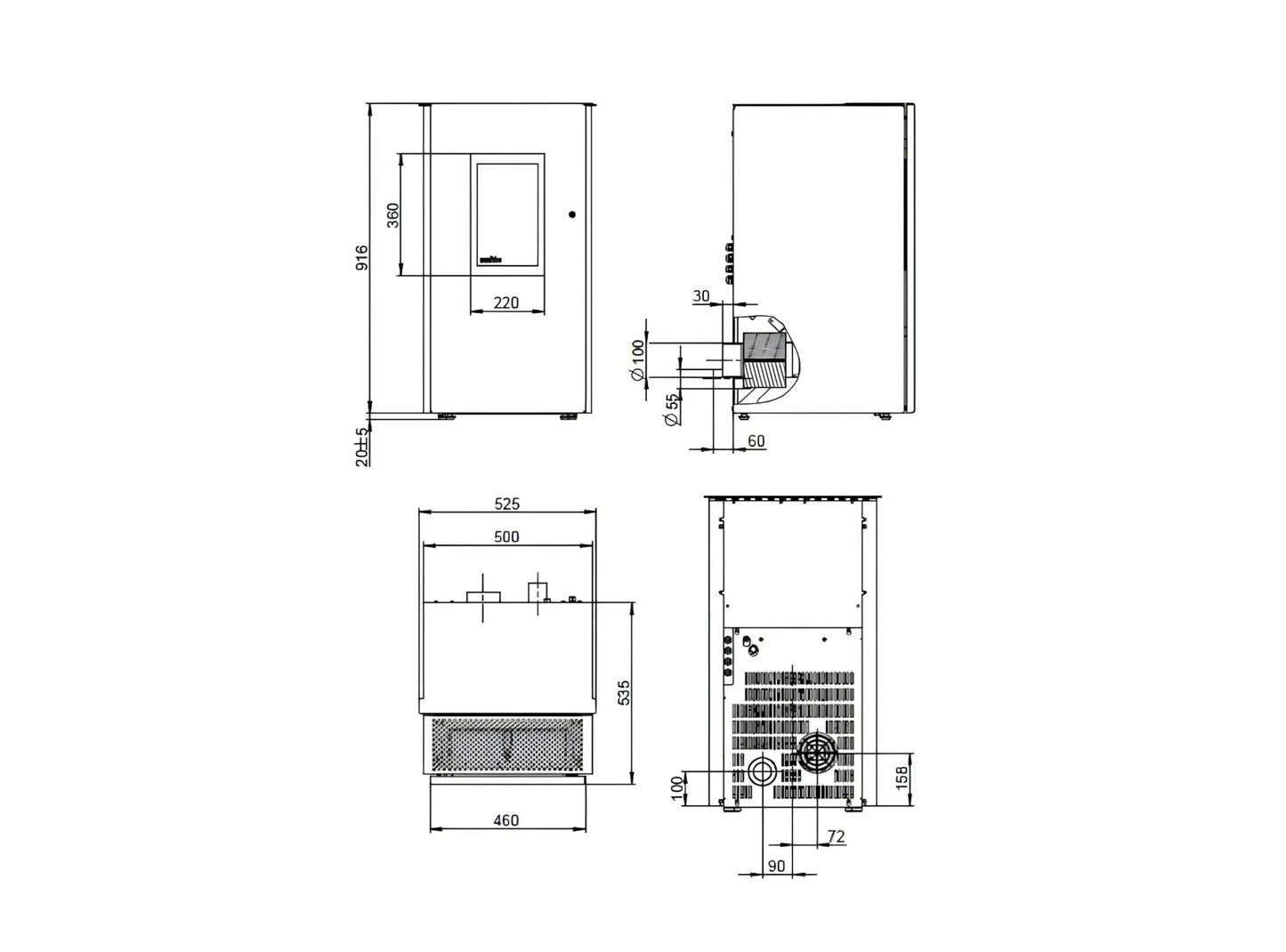 Pelletofen Wodtke Pat selection eq air+ Maße - ofenerlebnis.de