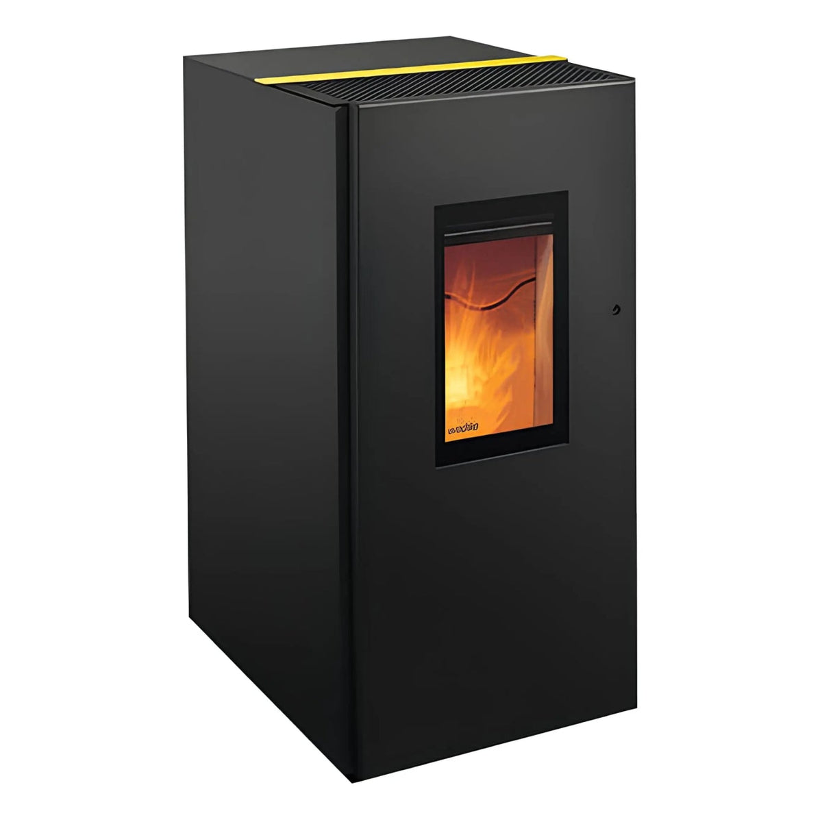 Pelletofen Wodtke Pat water+ | 8/10 kW | wasserführend – Pelletofen mit Feuer und farbiger oberer Dekorleiste auf Weiß