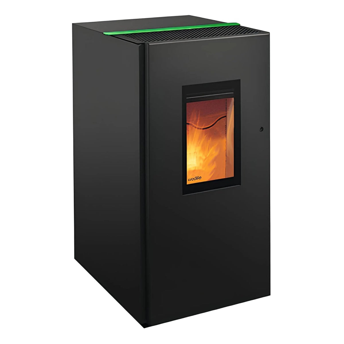Pelletofen Wodtke Pat water+ | 8/10 kW | wasserführend – Pelletofen mit Feuer und farbiger oberer Dekorleiste auf Weiß