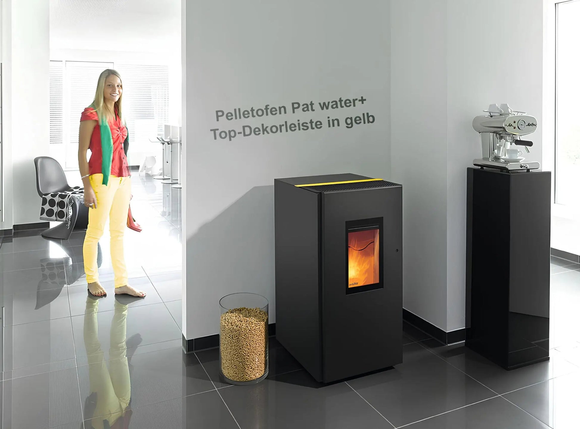 Pelletofen Wodtke Pat water+ wasserführend Top-Dekorleiste in Gelb - ofenerlebnis.de