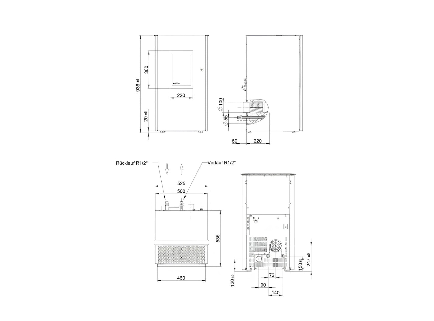Pelletofen Wodtke Pat water+ wasserführend Maße - ofenerlebnis.de