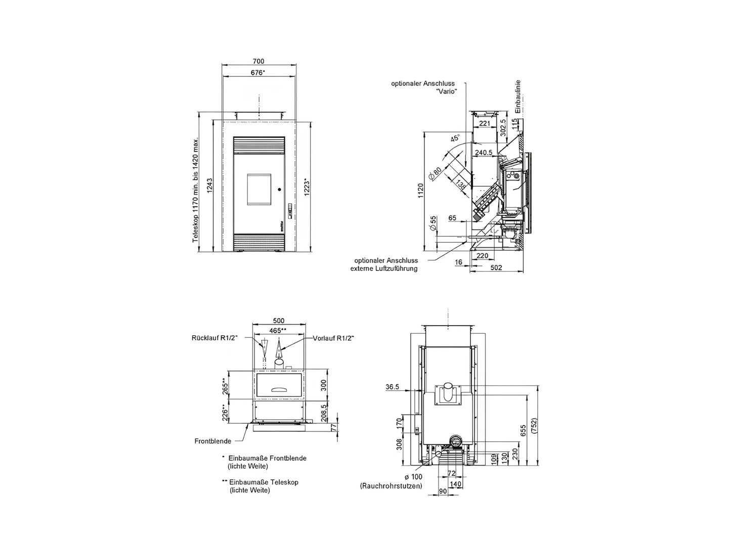 Pelletofen Wodtke PE Nova Einbaugerät water+ wasserführend Maße - ofenerlebnis.de