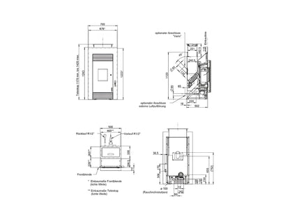 Pelletofen Wodtke PE Nova Einbaugerät water+ wasserführend Maße - ofenerlebnis.de
