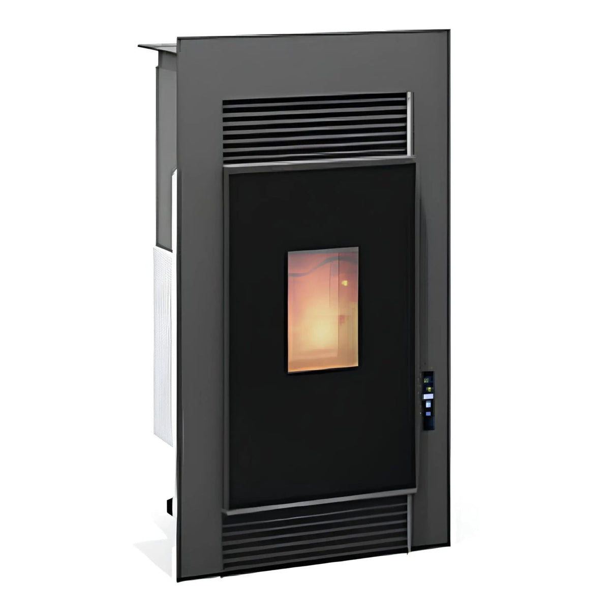 Pelletofen Wodtke PE Nova water+ | 8/10 kW | Einbaugerät – Einbau-Pelletofen mit dunkler Front und seitlich sichtbarem Gehäuse