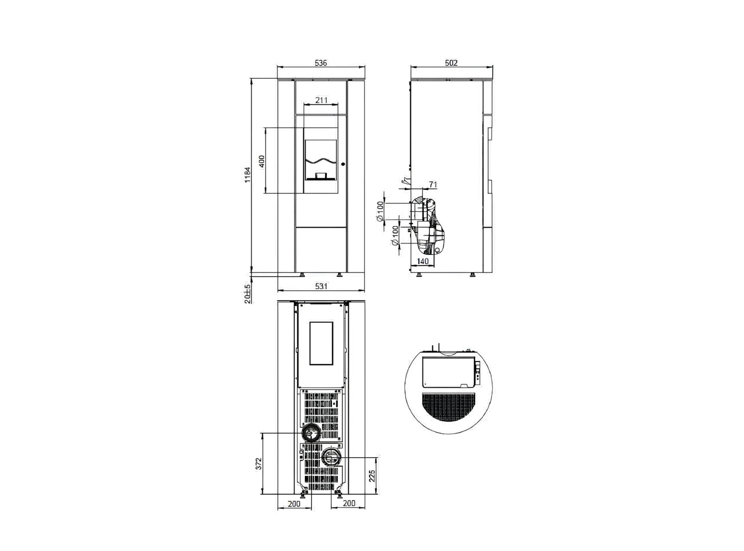 Pelletofen Wodtke soleo.nrg H10 air+ Maße - ofenerlebnis.de