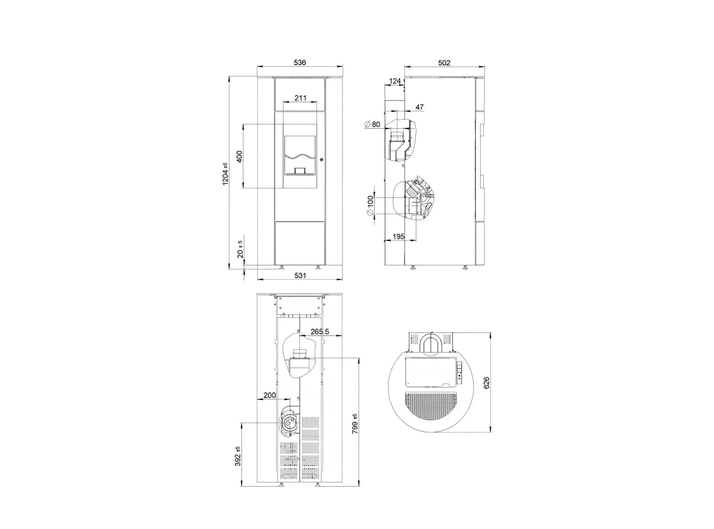 Pelletofen Wodtke soleo.nrg V12 air+ Maße - ofenerlebnis.de