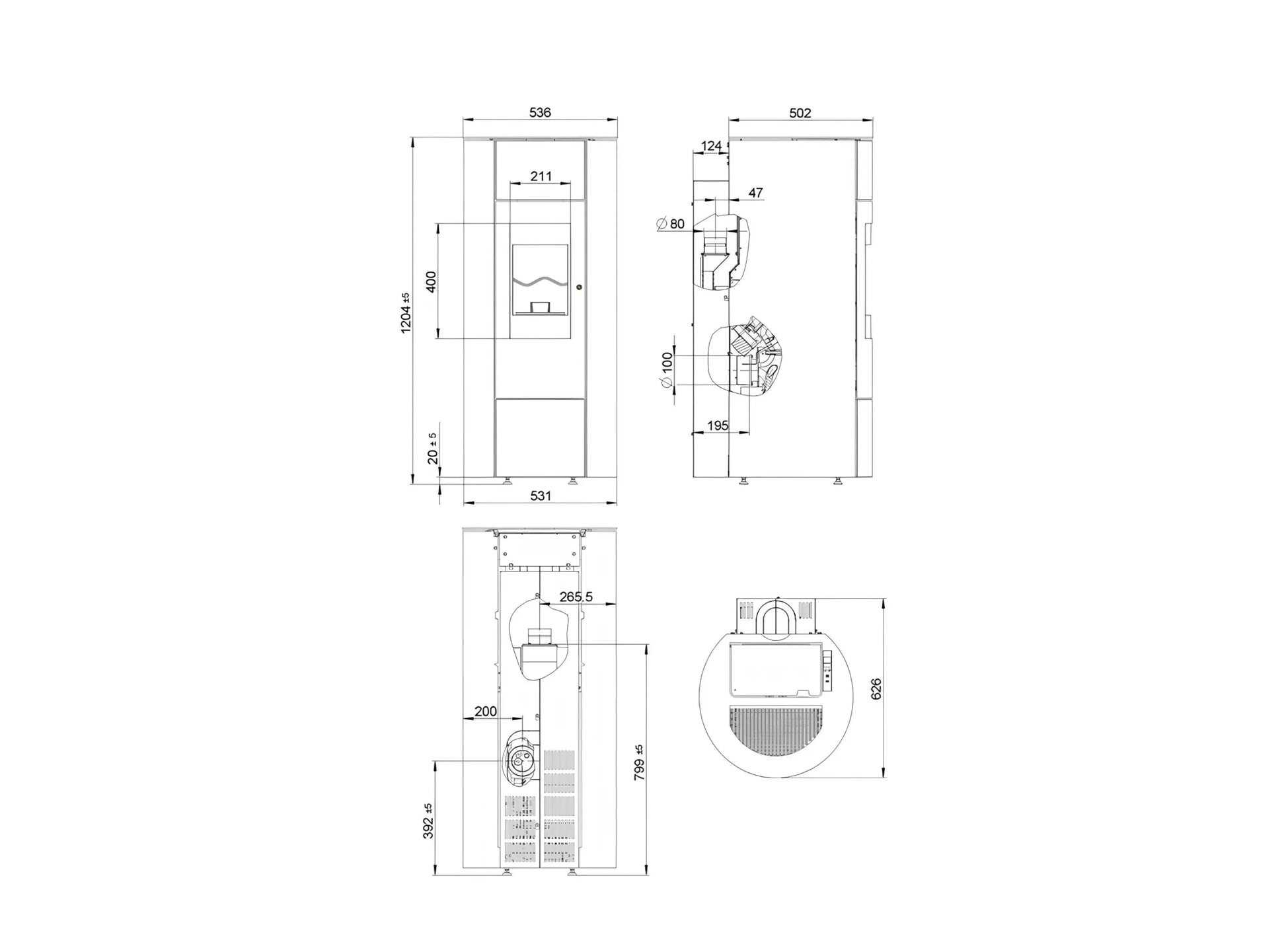 Pelletofen Wodtke soleo.nrg V12 air+ Maße - ofenerlebnis.de