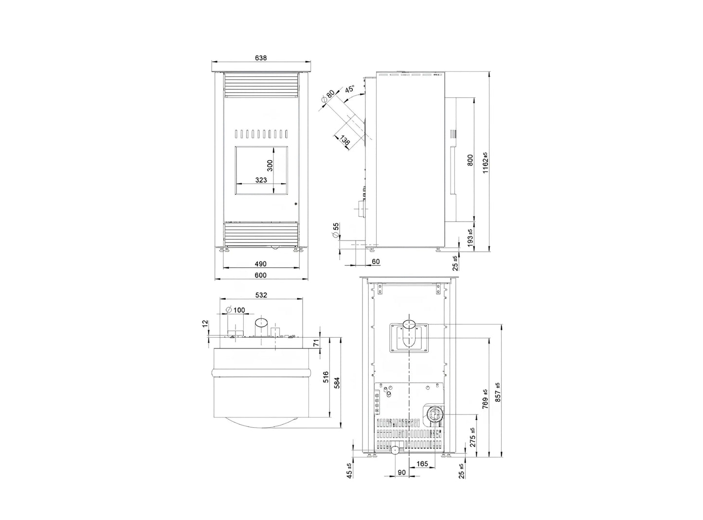 Pelletofen Wodtke Topline New Motion air+ Maße - ofenerlebnis.de