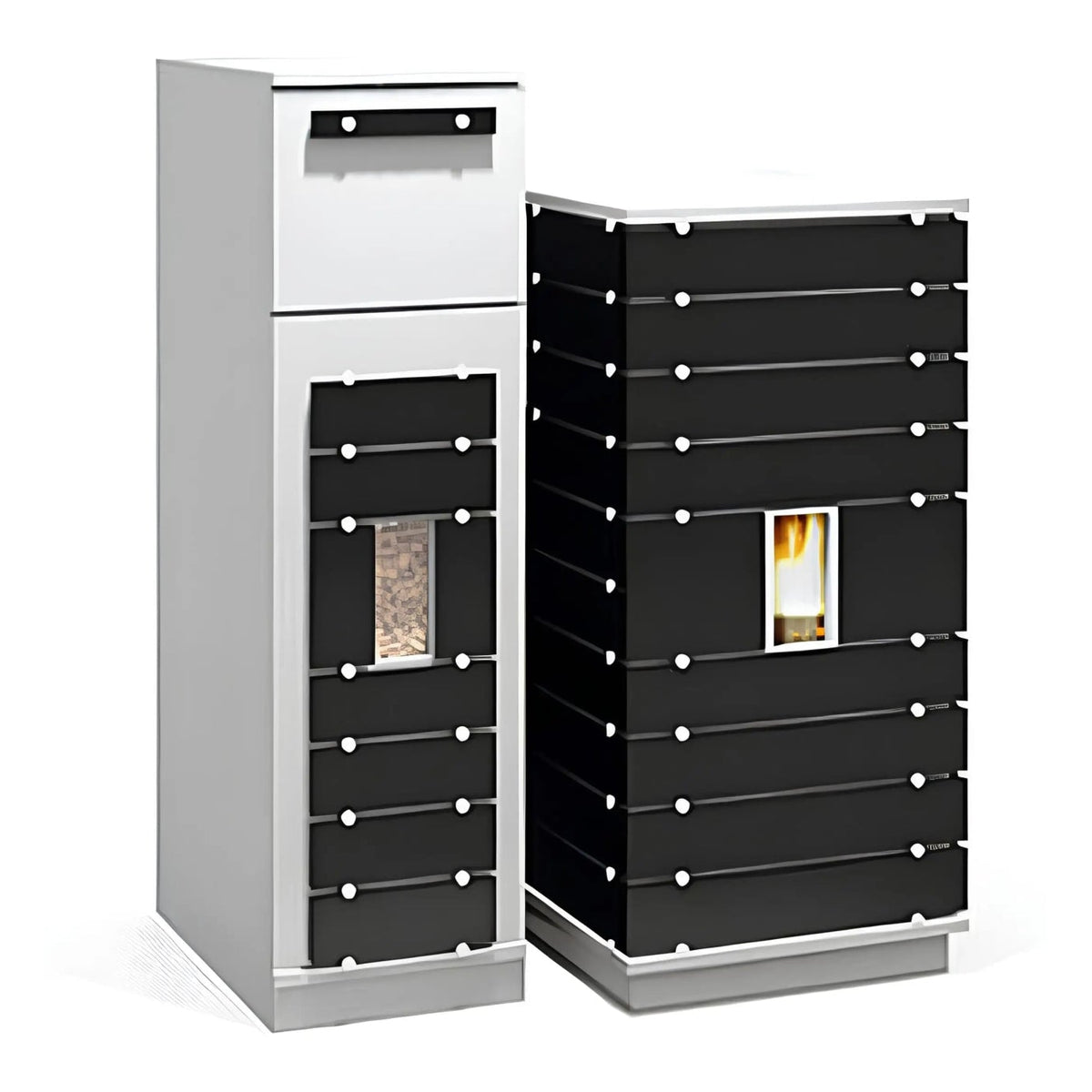 Pelletofenzubehör Wodtke ivo.tower | 150 kg – Pelletbehälter neben einem Pelletofen auf Weiß