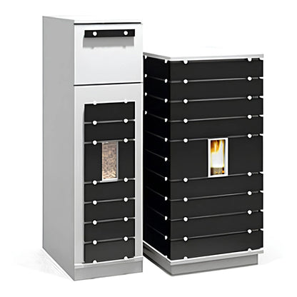 Pelletofenzubehör Wodtke ivo.tower | 150 kg – Pelletbehälter neben einem Pelletofen auf Weiß