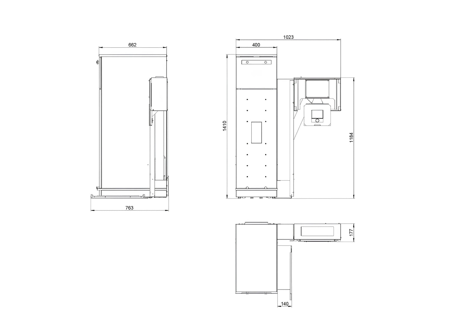 Pelletofen Wodtke ivo.tec water+ wasserführend mit Anbau-Pelletbehälter Maße - ofenerlebnis.de