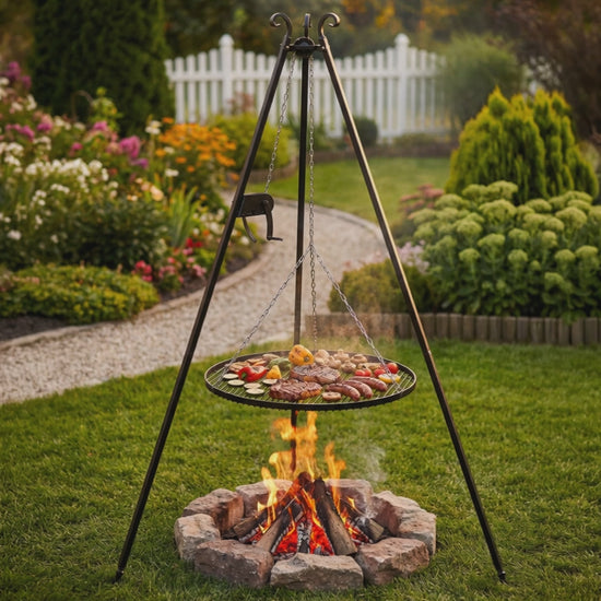 Video: „Viking Grill-Set Lieferumfang: 80cm Feuerschale und 180cm Schwenkgrill mit Kurbel, handgefertigt in Europa.“
