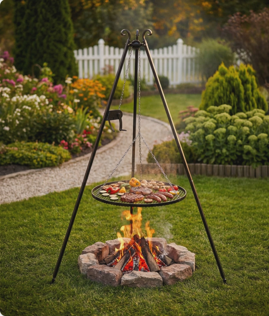 Video: „Viking Grill-Set Lieferumfang: 80cm Feuerschale und 180cm Schwenkgrill mit Kurbel, handgefertigt in Europa.“
