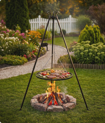 Video: „Viking Grill-Set Lieferumfang: 80cm Feuerschale und 180cm Schwenkgrill mit Kurbel, handgefertigt in Europa.“
