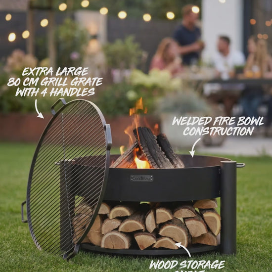 CookKing Feuerschale MONTANA 80 cm Set mit Grillrost, Anwendung und Aufbau der Feuerstelle mit Holzablage und Grillfunktion im Einsatz