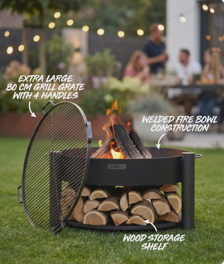 CookKing Feuerschale MONTANA 80 cm Set mit Grillrost, Anwendung und Aufbau der Feuerstelle mit Holzablage und Grillfunktion im Einsatz