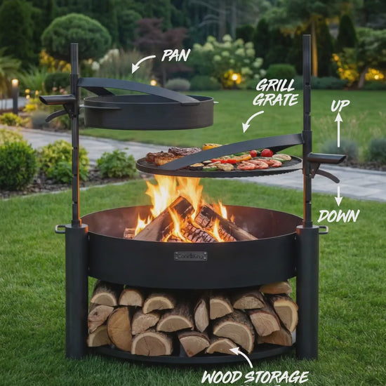 Video: Feuerschale MONTANA X 80 cm Set mit Grillrost, Pfanne und Holzablage aus Rohstahl.