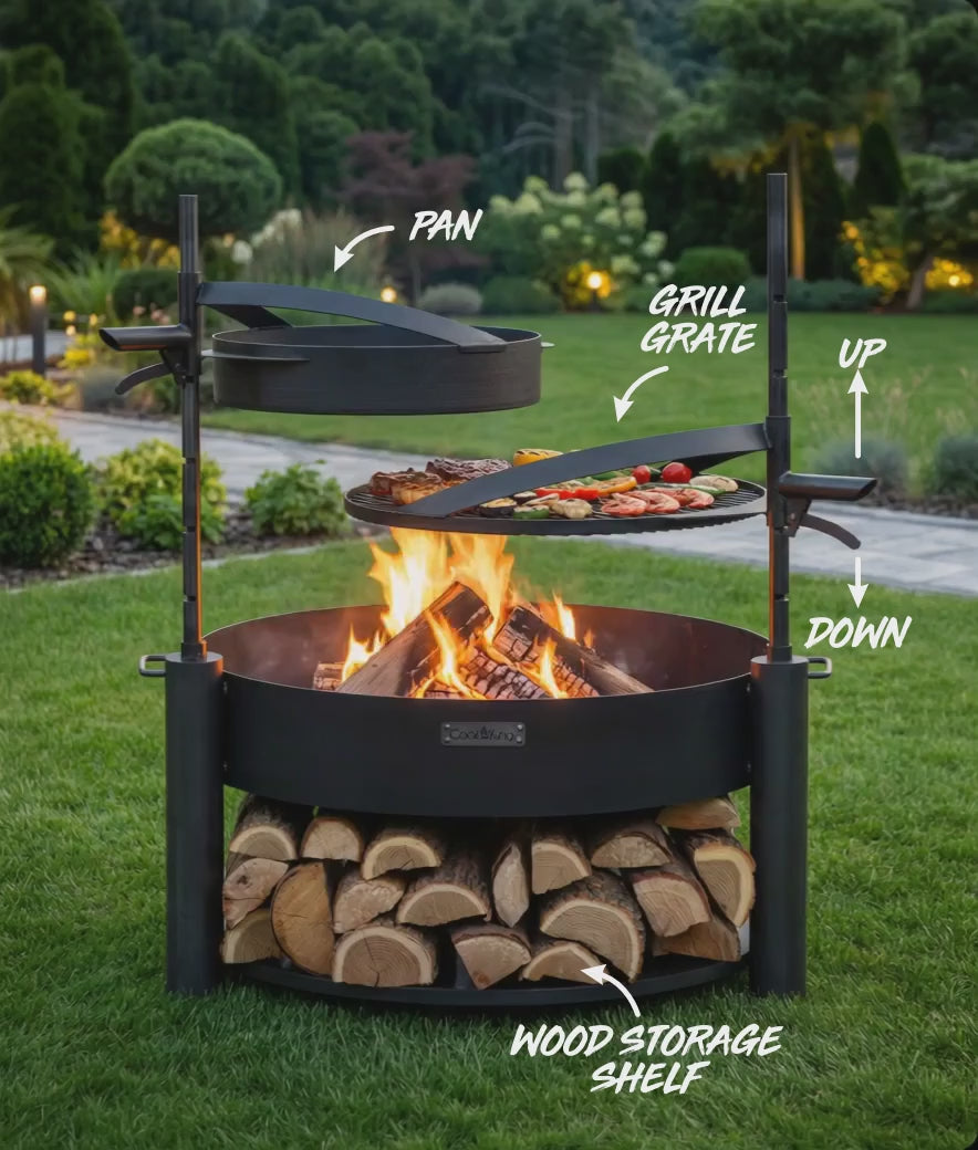 Video: Feuerschale MONTANA X 80 cm Set mit Grillrost, Pfanne und Holzablage aus Rohstahl.