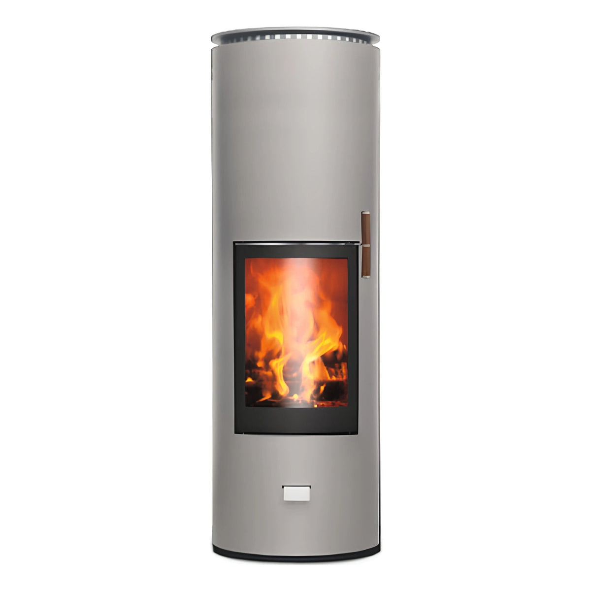 Speicherofen CERA DESIGN Rondotherm – Runder hellgrauer Speicherofen mit Feuer