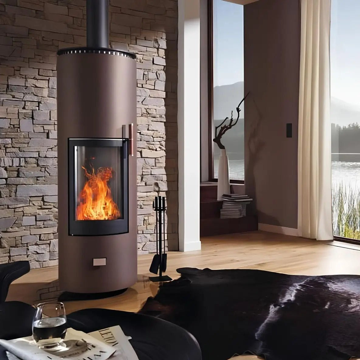 Speicherofen CERA DESIGN Rondotherm – Runder Speicherofen mit Rauchrohr vor einer Steinwand im Wohnraum