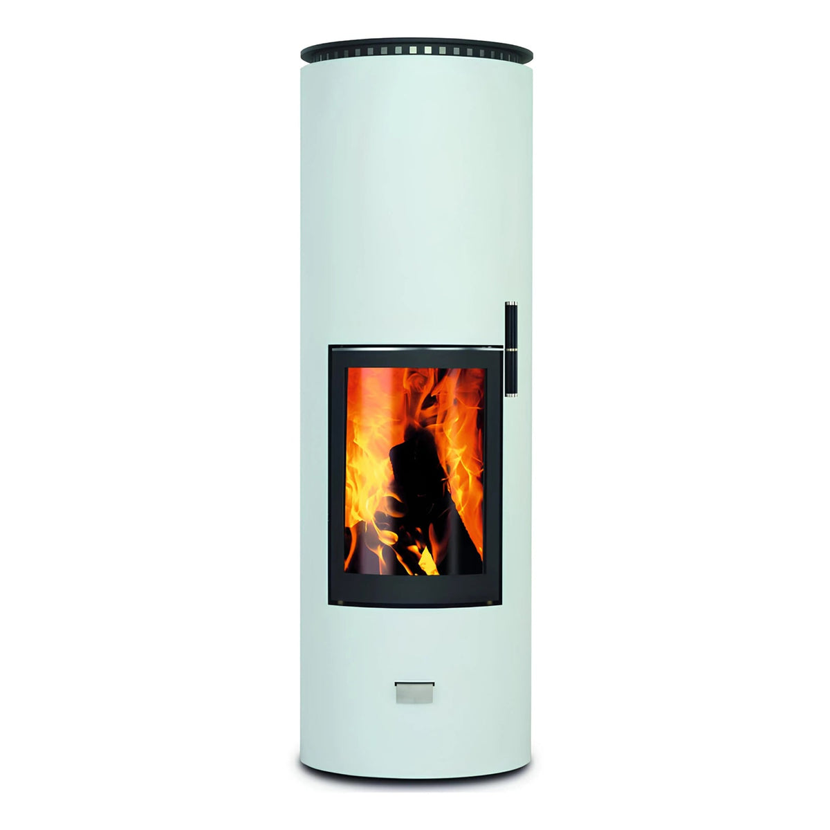 Speicherofen CERA DESIGN Rondotherm XL – Runder hellgrüner Speicherofen mit Feuer
