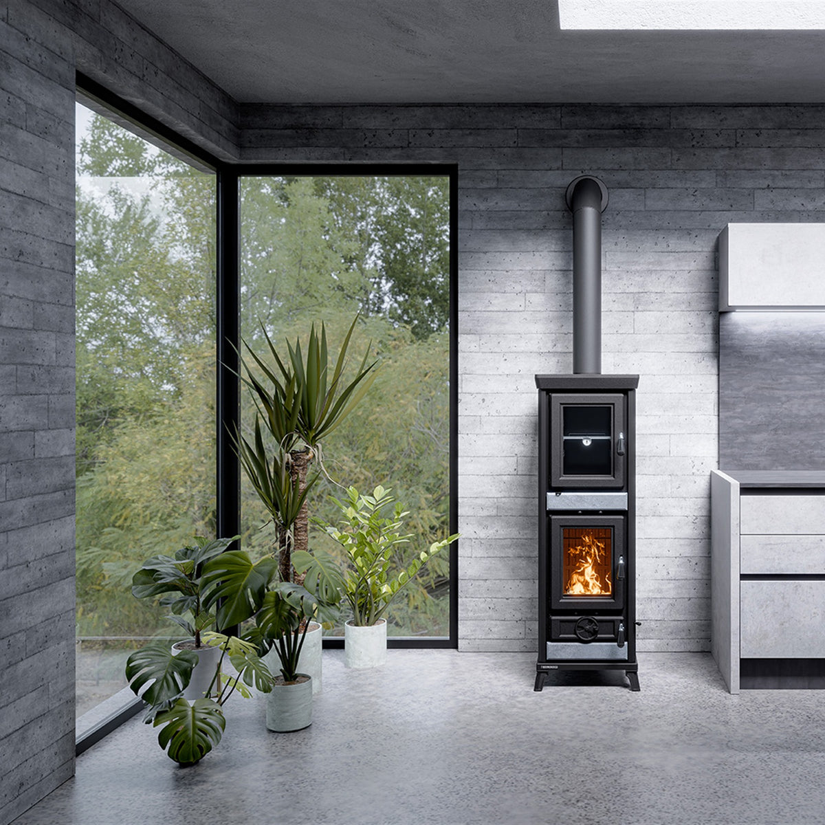 Thermorossi Agnese EVO6 Stone Kaminofen im Wohnraum