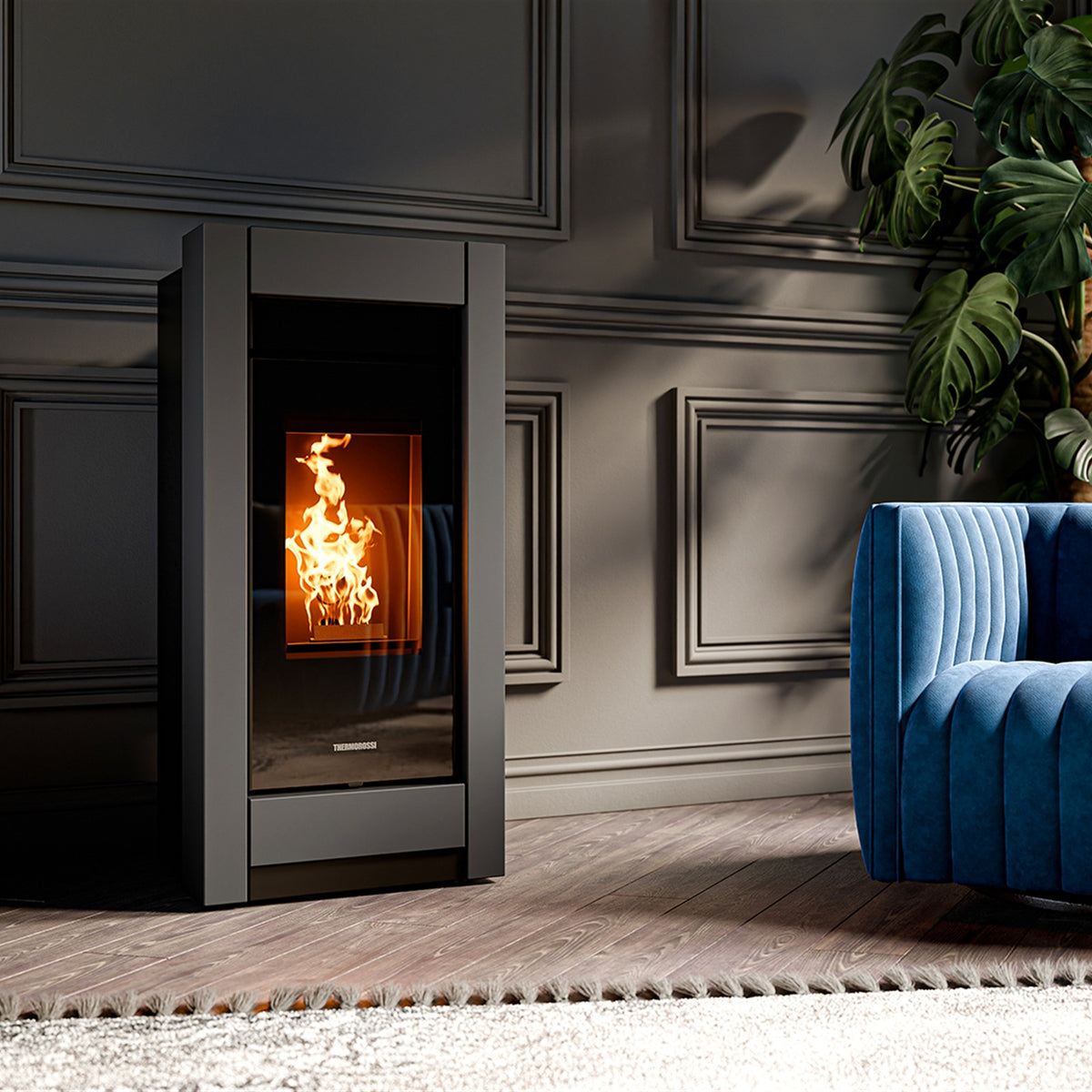 Pelletofen Thermorossi Essenza Metalcolor Natural Air EVO im Wohnraum