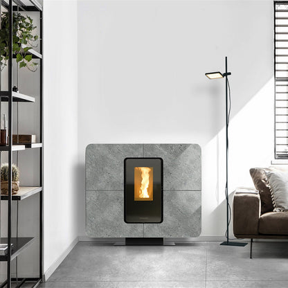 Pelletofen Thermorossi Slimquadro 11 Evo Gres vollständig im Wohnraum – Stone