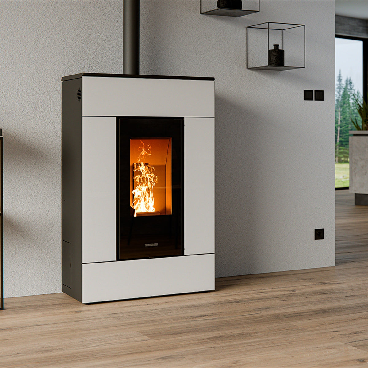 Pelletofen Thermorossi SlimQuadro Lumia Cristallo vollständig im Wohnraum